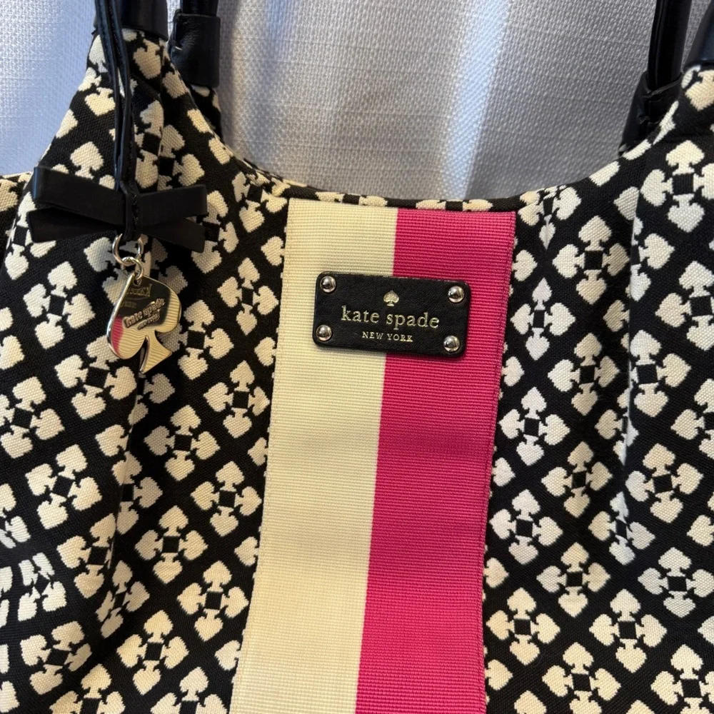 Kate Spade Stevie Jacquard Shoulder Bag Black Pink White Rare Classic Tote‎